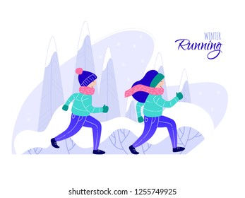 Vector illustration of woman and man are running in winter forest or park. Flat vector landscape. Couple are running winter marathon
