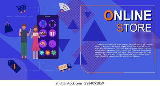 vector illustration of woman and man shopping online on the store in the application,icon banner on blue background
