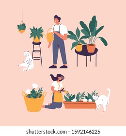Vector illustration woman and man taking care of houseplants growing in planters. Young cute woman cultivating potted plants at home
