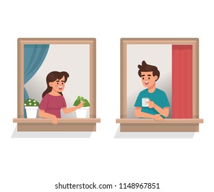 vector illustration woman and man talk to each other in window apartment, neighborhood people