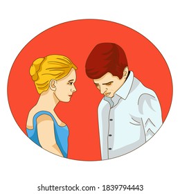 Vector illustration. Woman and man talk, find out the relationship. A woman is looking at a man. Sad man bowed his head