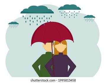 Vector illustration of a woman and a man under an umbrella. Rain on the street