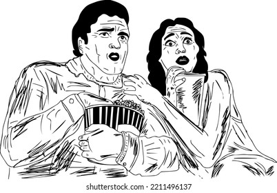 Vector Illustration Of Woman And Man Watching Horror Movie Eating Popcorn, Sketch Drawing Of Shocked Couple Watching Spooky Movie, Cartoon Silhouette Of Scared Young Couple While Watching Tv Show