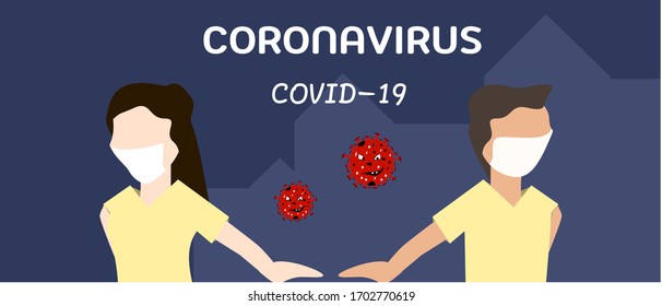 vector illustration of a woman and man in white medical face mask.banner word concept of coronavirus.Social Distancing.coronavirus covid - 19.