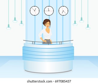 Vector illustration of woman manager reception desk in light blue colors interior. Concierge service in flat cartoon style. Hospitality hotel staff.