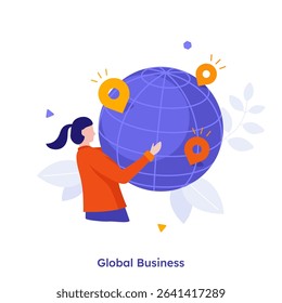 Vector illustration with a woman managing global business, planet earth with location pins. Worldwide logistics and international trade.