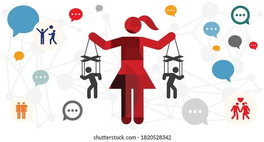 vector illustration of woman manipulating two men as dolls puppets controlling behavior