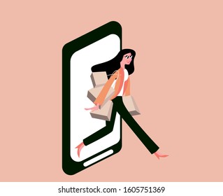 Vector illustration of a woman with many shopping bags of clothes and accessories coming out of the screen of a smartphone