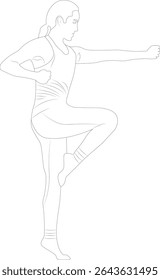 Vector illustration of a woman in a martial arts-inspired yoga pose, balancing on one leg with one arm extended in a punching stance. Ideal for themes related to strength,  fitness, and body control.