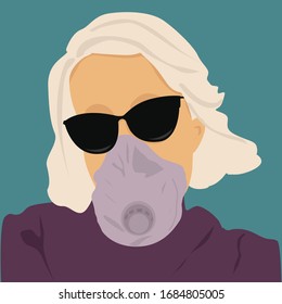 Vector illustration: Woman in mask Blonde girl in sunglasses with respirator Protecting her self, covering mounth and nose. Fashion illustration flat design Colorful