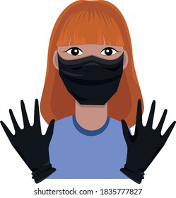 Vector illustration of a woman in a mask and gloves. Pandemic. Means of protection.