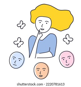 Vector illustration of a woman and masks for the previous mood.  mood, emotions woman.