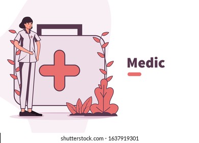 vector illustration woman medic nurse with first aid kit box. paramedic profession. hospital health concept. ambulance concept. medic bag.