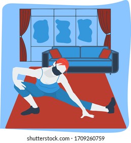 Vector illustration of a woman in a medical mask is engaged in fitness at home. Quarantine home sport concept.
