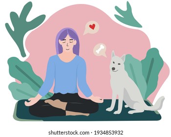 Vector illustration of a woman meditating and her husky dog ​​waiting beside her, for poster, icon, and anything.