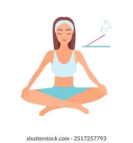Vector illustration of a woman meditating with incense, representing calmness and mindfulness.