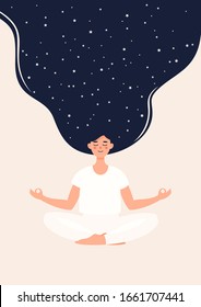 Vector illustration of woman is meditating in lotus position with stars