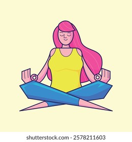 Vector illustration of a woman meditating in lotus pose, relaxing with mindfulness. Modern cartoon style.