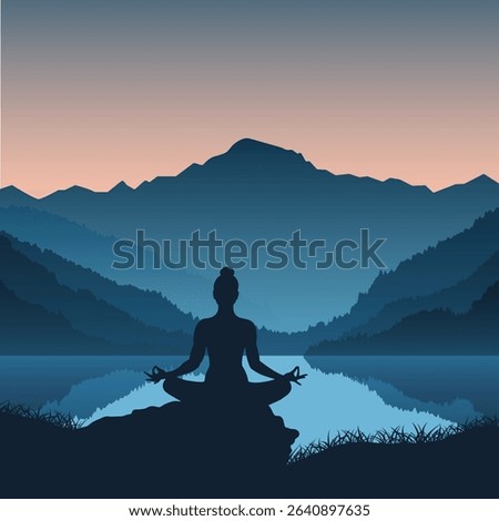 Vector illustration of a woman meditating in lotus pose by a tranquil mountain lake at sunrise. The calm blue tones, peaceful reflections in the water