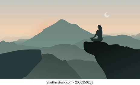 Vector illustration of a woman meditating in the mountains with a beautiful mountain view in the early morning. Suitable for Background, Web, UI Design, Digital, etc