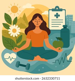 Vector illustration of a woman meditating in nature, symbolizing balance, health, and wellness with natural and medical elements.