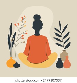 Ilustración vectorial de una mujer meditando con plantas y jarrones. Ideal para conceptos de bienestar, atención plena y relajación. Perfecto para Sitios web, App y contenido digital relacionado con el bienestar.