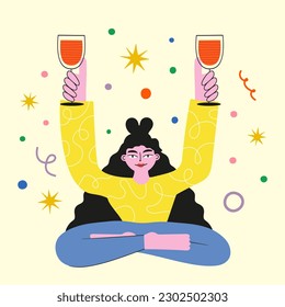 Vector illustration with woman in meditation yoga pose with glasses of red wine. Party celebration doodle elements. Funny invitation template, wall decoration poster design