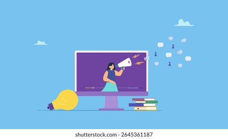 Vector illustration of a woman with megaphone on video media player. Video marketing, live stream or media clip to promote brand, influencer advertising, content marketing or online digital campaign.