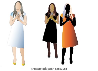 Vector illustration of woman with microphone. There are three color version of the image