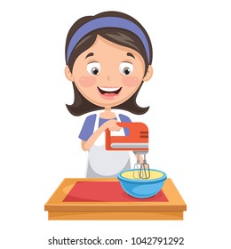 Vector Illustration Of Woman Mixing Cake