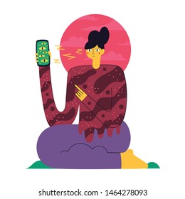 Vector illustration with woman and mobile phone with eyes and they are watching to each other. Big data concept art, spying future technology print design