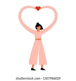 Vector illustration with woman in modern pink costume holding red heart. Love who you are and love yourself concept art. Inspirational print design, feminism, self care and bodypositive poster