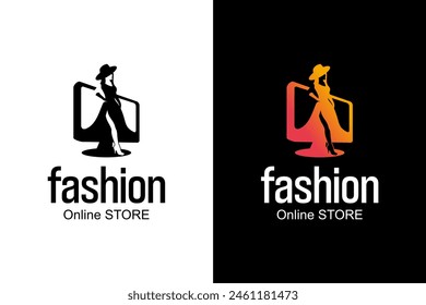 Vector illustration of woman and monitor logo design, online women's fashion logo