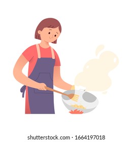 vector illustration of a woman or mother wearing an apron cooking with a pan with a lot of smoke