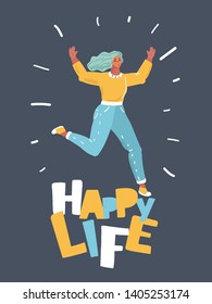Vector illustration woman in motion jumping over in the air isolated on dark background. Happy life concept on dark background.