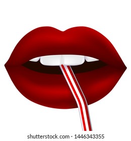 Vector illustration. Woman mouth drinking. Red lips and tooth isolated.