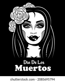 Vector illustration of a woman from the neck up, made up for Dia de los Muertos, Day of the Dead.