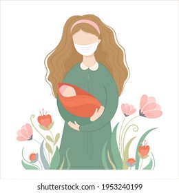 Vector illustration woman with newborn and mask on hand during a pandemic corona virus. New life, motherhood. Pandemic, quarantine 2021. Mothers day.