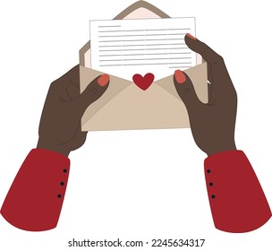 :: Ilustración vectorial de la mujer con un sobre de piel negra con el corazón rojo al estilo de las caricaturas. Clásico del Día de San Valentín con las manos negras sosteniendo una carta de amor