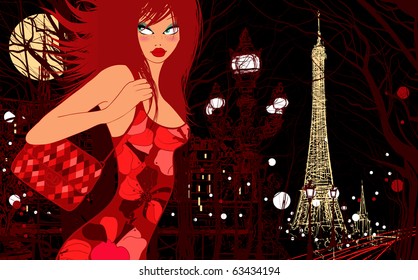 Vector illustration of woman on Alexander bridge in Paris