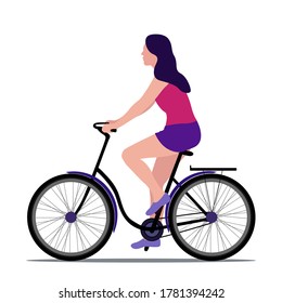 Vector illustration of a woman on a bicycle isolated on a white background in a flat style. Beautiful athletic woman. Leisure activities and sports