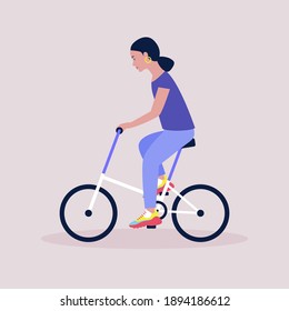 Vector illustration of woman on bicycle. Riding bike. Flat style