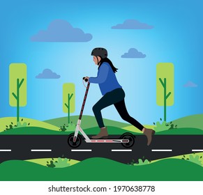 Vector illustration - woman on bicycle. Park, forest, trees and hills in winter. World car free day. the use of the bicycle as a means of transport.
