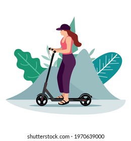 Vector illustration - woman on bicycle. Park, forest, trees and hills in winter. World car free day. the use of the bicycle as a means of transport.
