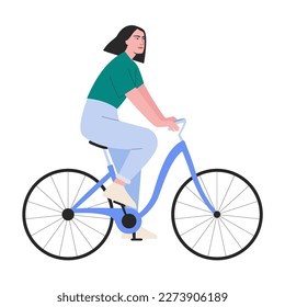 Vector illustration of woman on bike. Female character riding bicycle flat drawing. Concept of sport, bike lover