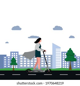 Vector illustration - woman on skateboard. Park, forest, trees and hills in winter. World car free day. the use of the skateboard as a means of transportation.
