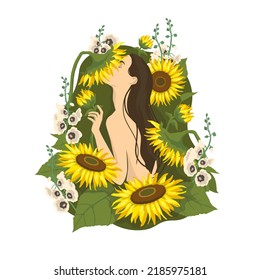 Vector illustration of woman on a sunflowers meadow.