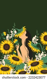 Vector illustration of woman on a sunflowers meadow.