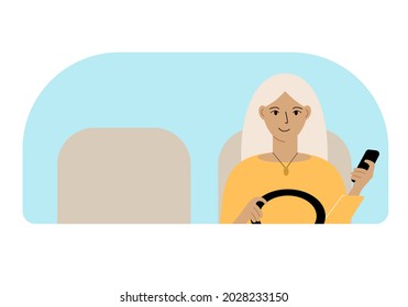 Vector illustration of a woman with one hand controls a car and a mobile phone in the other hand