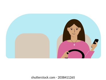 Vector illustration of a woman with one hand controls a car and a mobile phone in the other hand